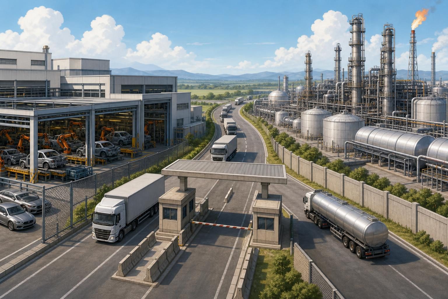 Una fábrica de autos, una refinería y camiones en un puesto de control fronterizo representan el comercio entre Estados Unidos y Canadá.