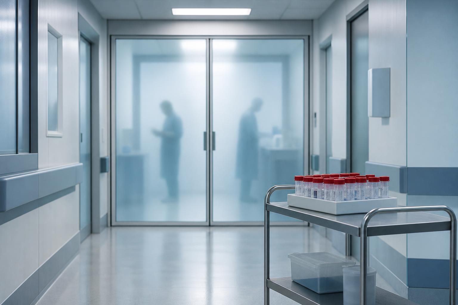 A hospital and lab scene suggests uncertainty around an infectious disease investigation.