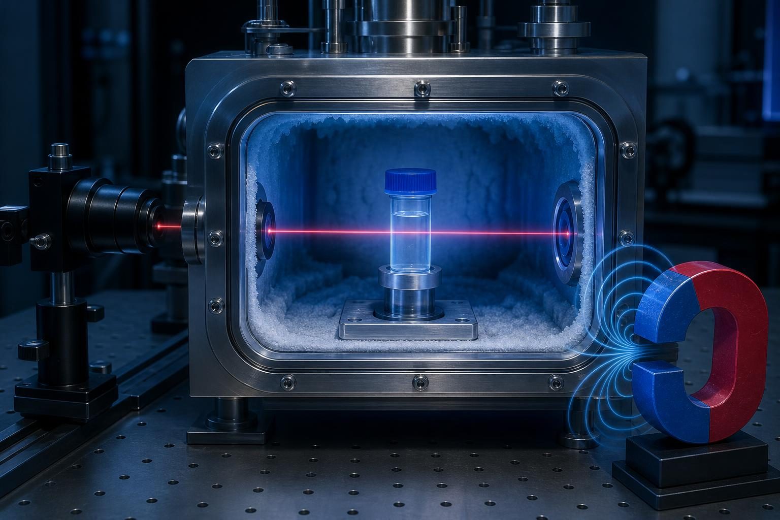 Una configuración de laboratorio muestra una muestra siendo analizada con luz y equipos de campo magnético.