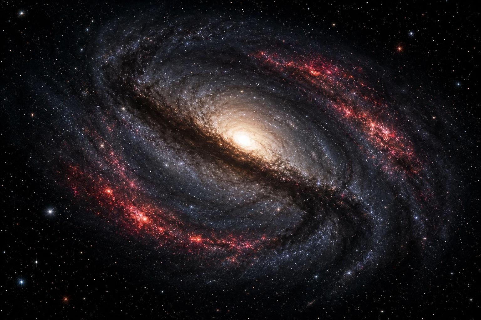Una galaxia espiral con un centro brillante, una banda oscura y polvo rojo brillante en sus brazos.