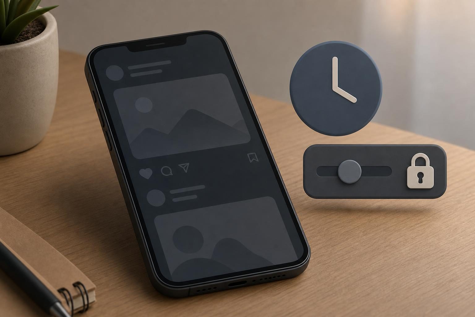 Una ilustración de un teléfono inteligente muestra controles de aplicaciones y un reloj, lo que sugiere límites integrados para el uso de las redes sociales.