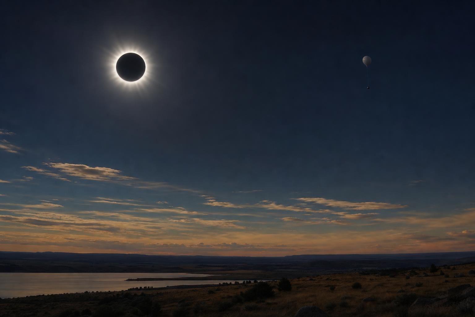 A solar eclipse darkens the sky while a research balloon floats below the covered Sun.