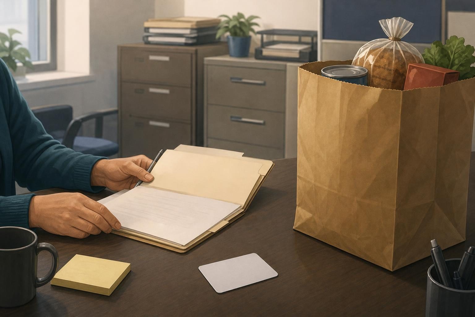 Un escritorio de oficina muestra una carpeta de caso, alimentos y una tarjeta de beneficios que representan la relación entre la asistencia alimentaria y los servicios para familias.