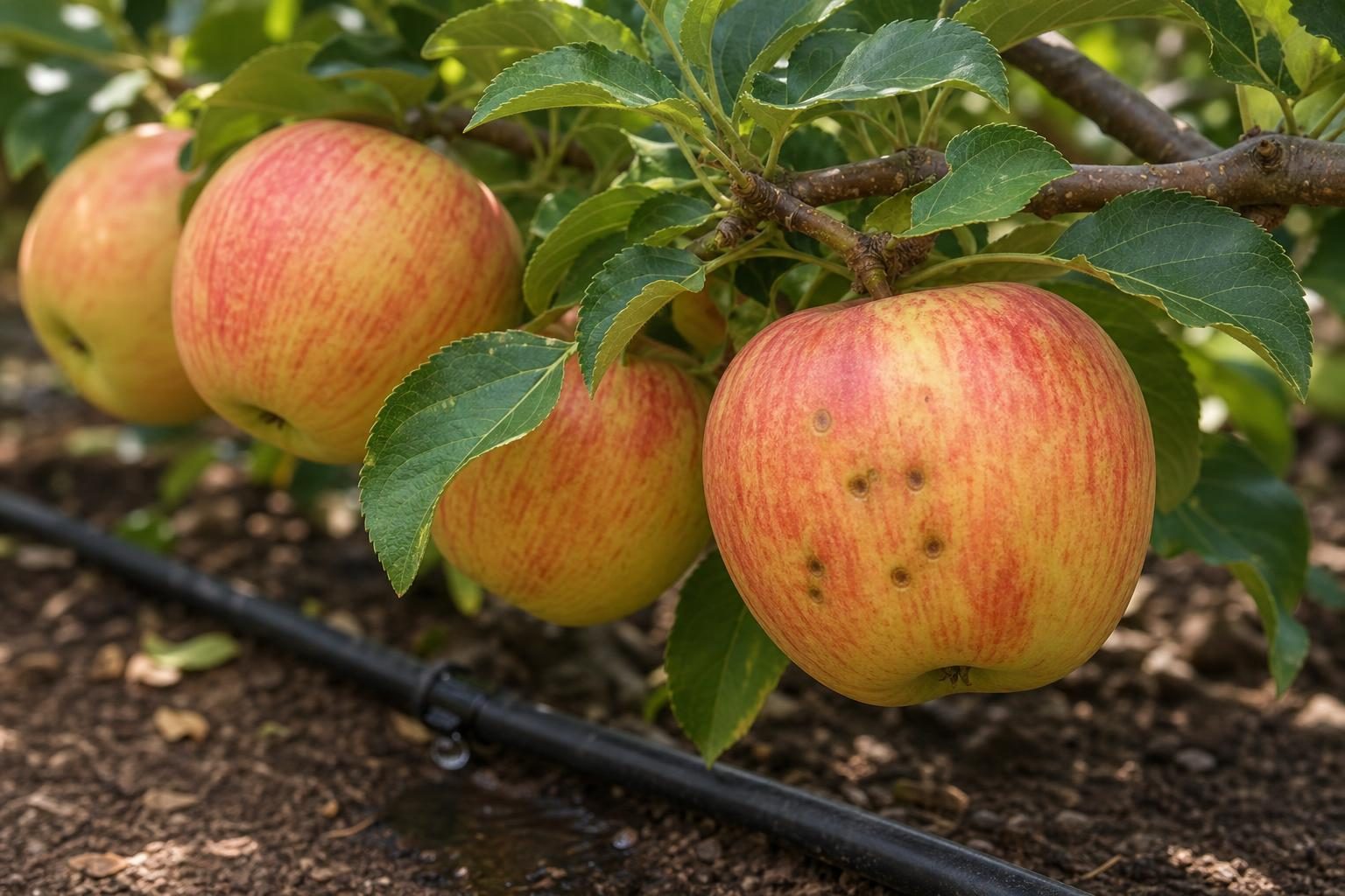 Honeycrisp apples hang on a branch, including one with dark bitter-pit spots, above a drip irrigation line.