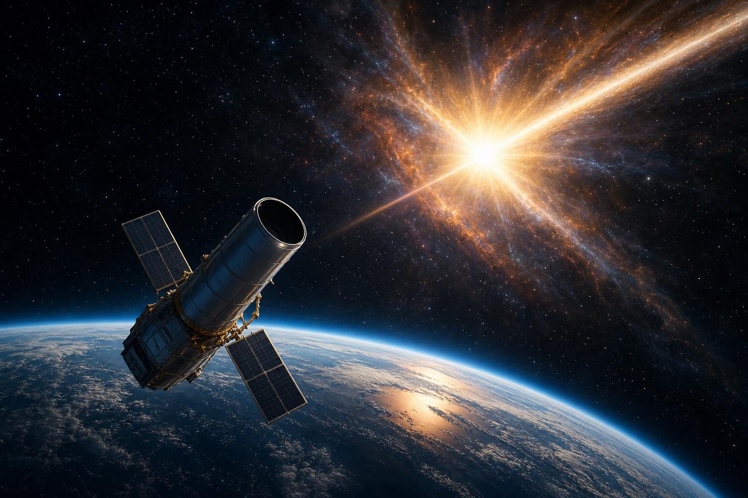 A space telescope orbits above Earth while pointing toward a bright explosion of light in space.