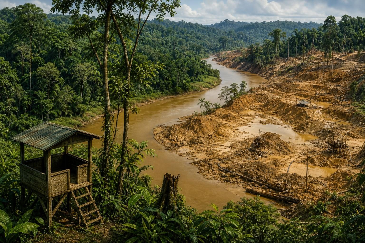 Un río de la selva tropical corre junto a un claro lodoso y dañado y un pequeño puesto de vigilancia.