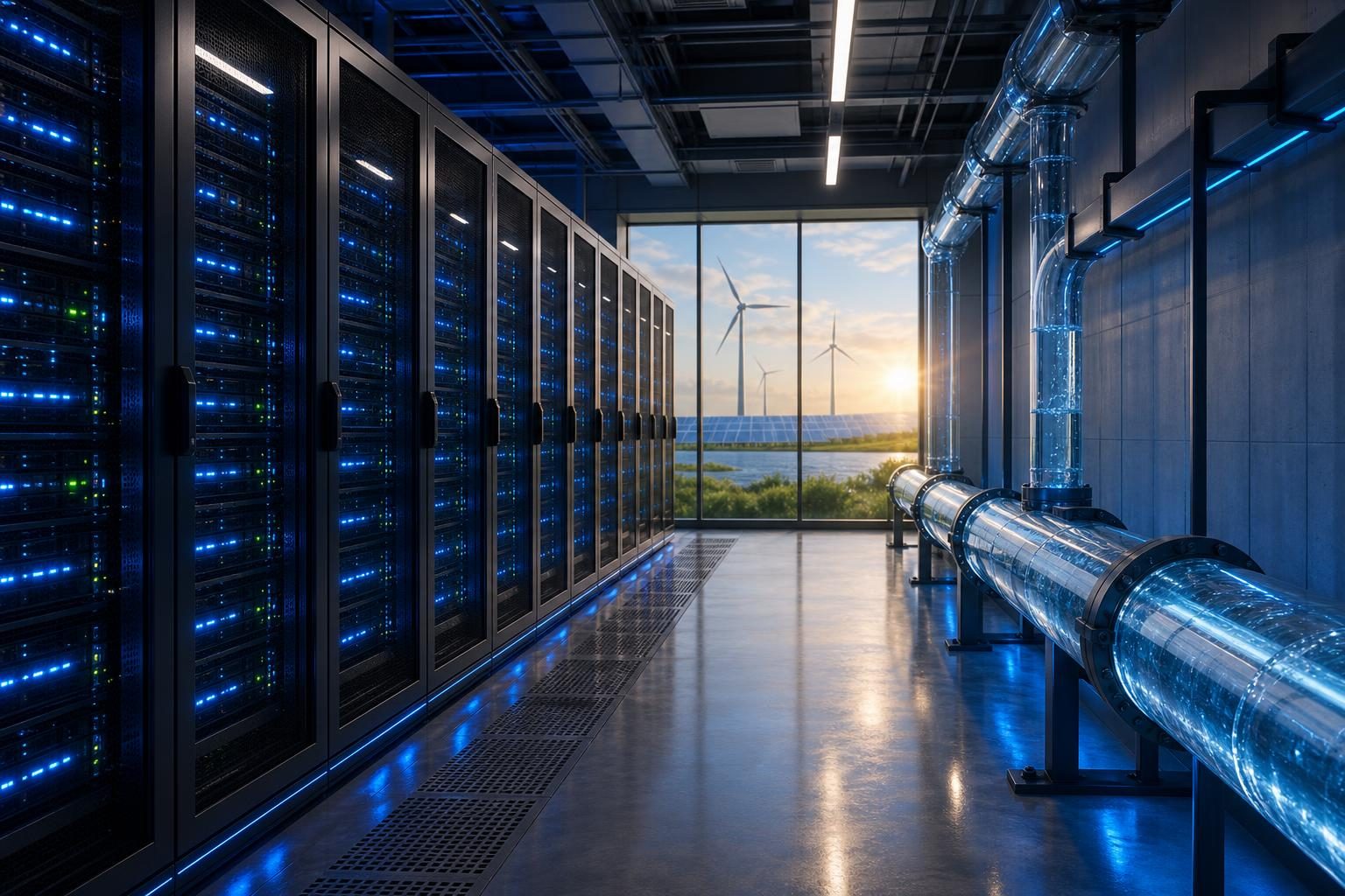 Se muestran servidores de computadora junto a una tubería de agua, con paneles solares y turbinas de viento afuera.