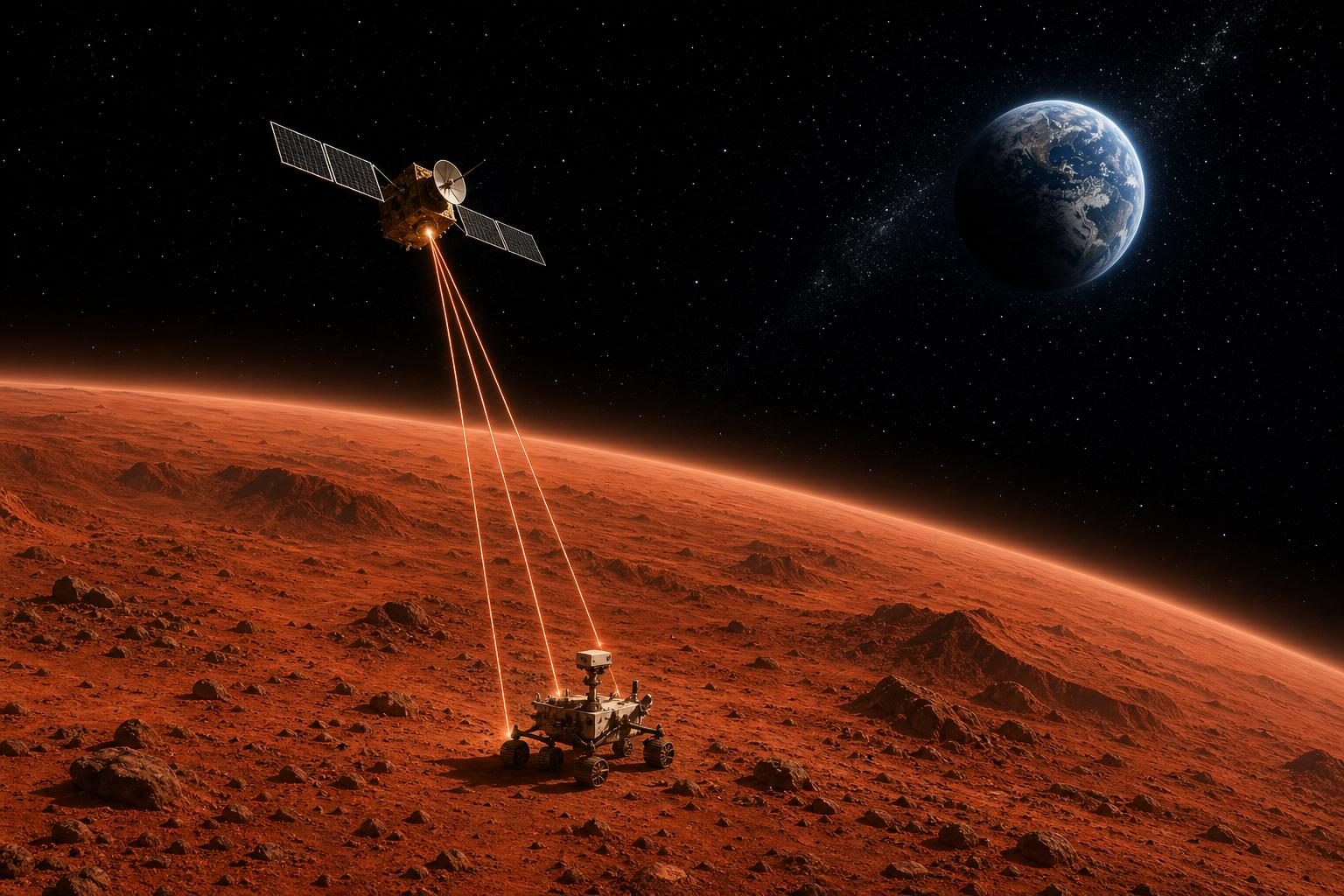 A spacecraft relays signals between a rover on Mars and Earth.