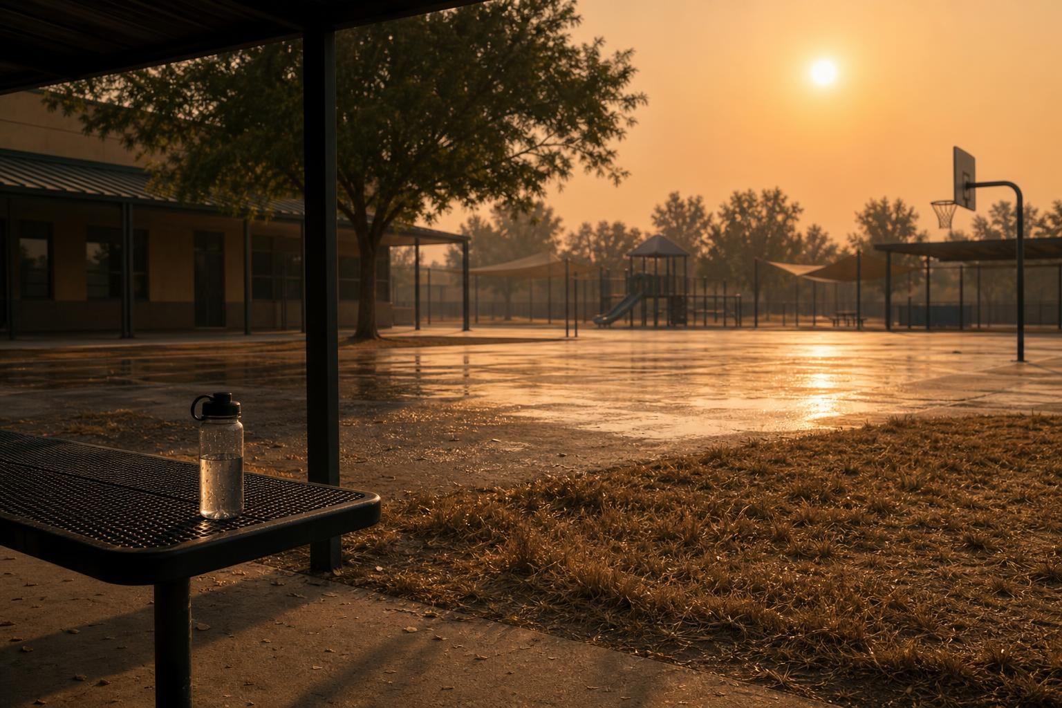 Un patio escolar vacío parece muy caluroso bajo un sol brumoso, con pavimento que ondula por el calor y pasto marchito.
