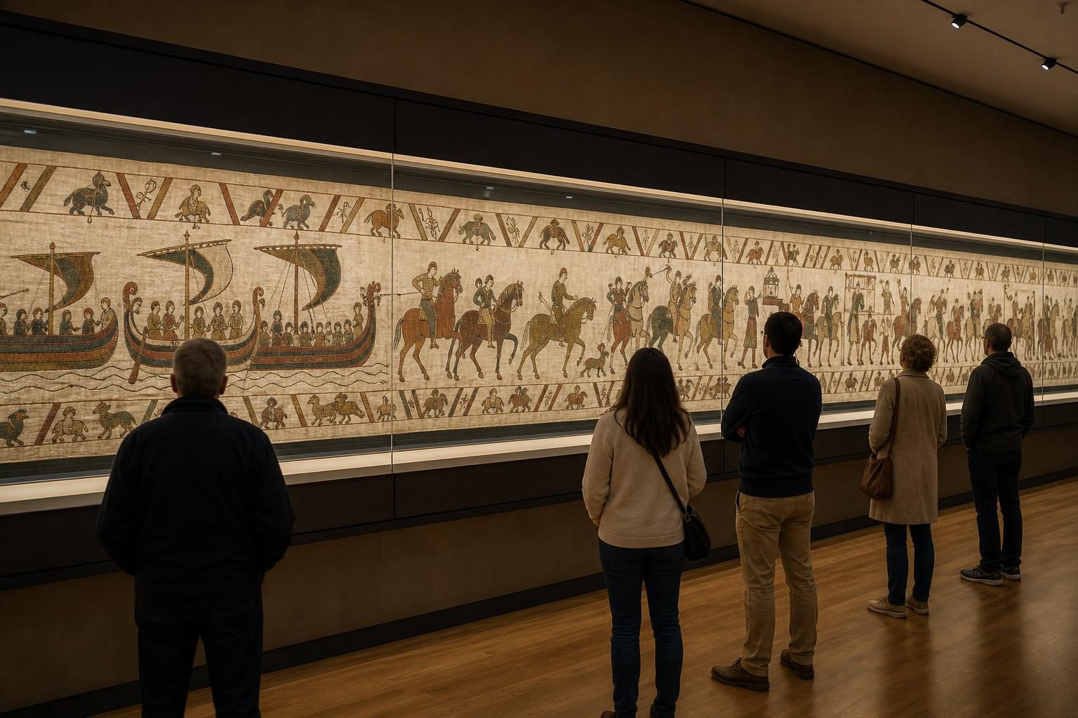 A long embroidered tapestry is displayed behind glass in a museum gallery as visitors look at it.