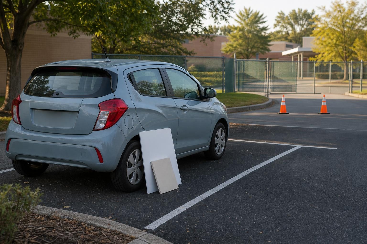 A small car sits in a school parking lot with plain display boards beside the rear tire and cones near the exit.