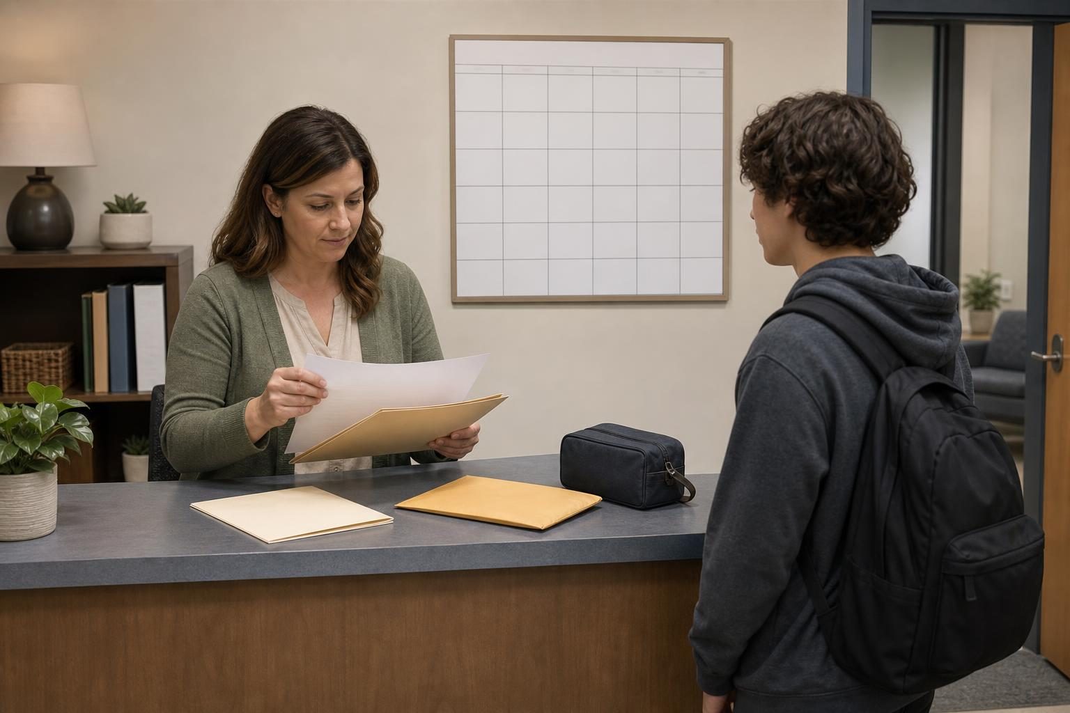 A folder, envelope, and media kit bag sit on a counseling office counter beneath a blank wall calendar.