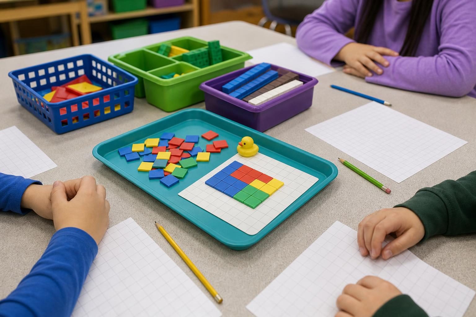 A group math table shows tiles, grid paper, pencils, and a duck eraser in a tray.