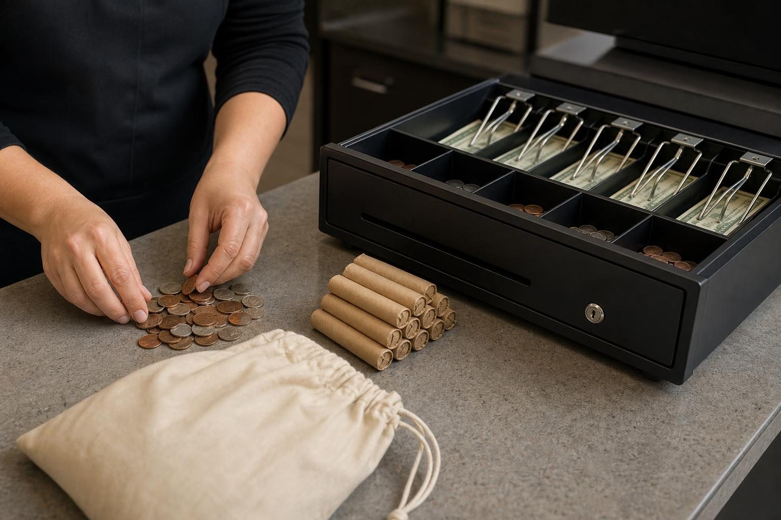 An open cash drawer sits on a checkout counter with coins, bills, and a deposit bag ready for counting.