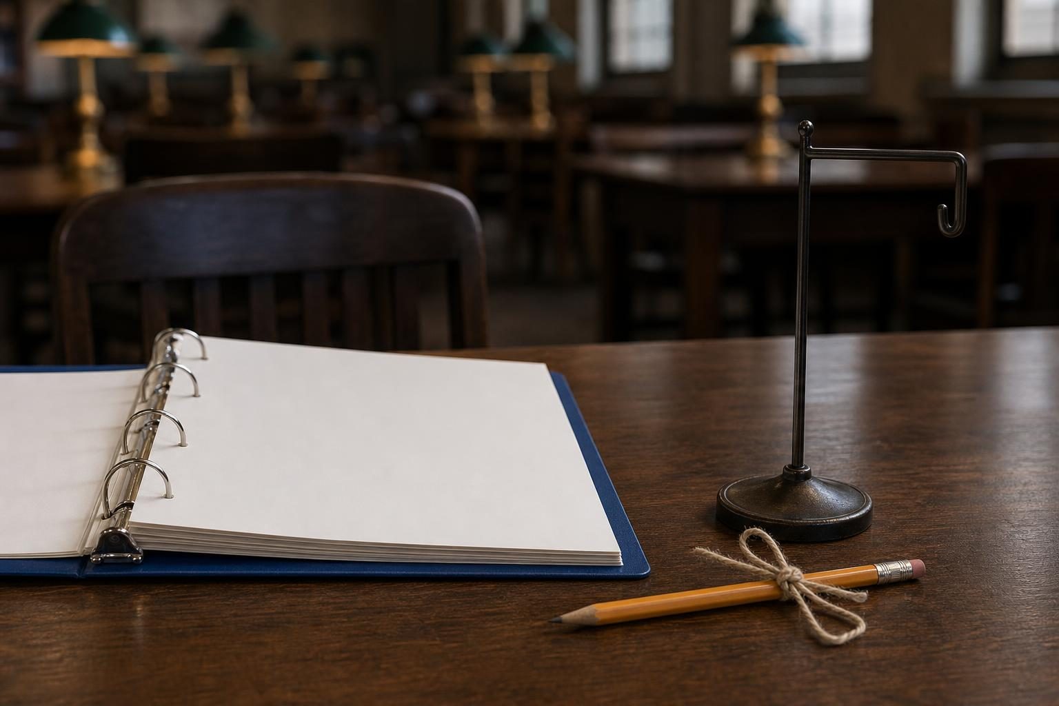 A study hall desk shows an open binder, a tied pencil, and an empty pass hook.