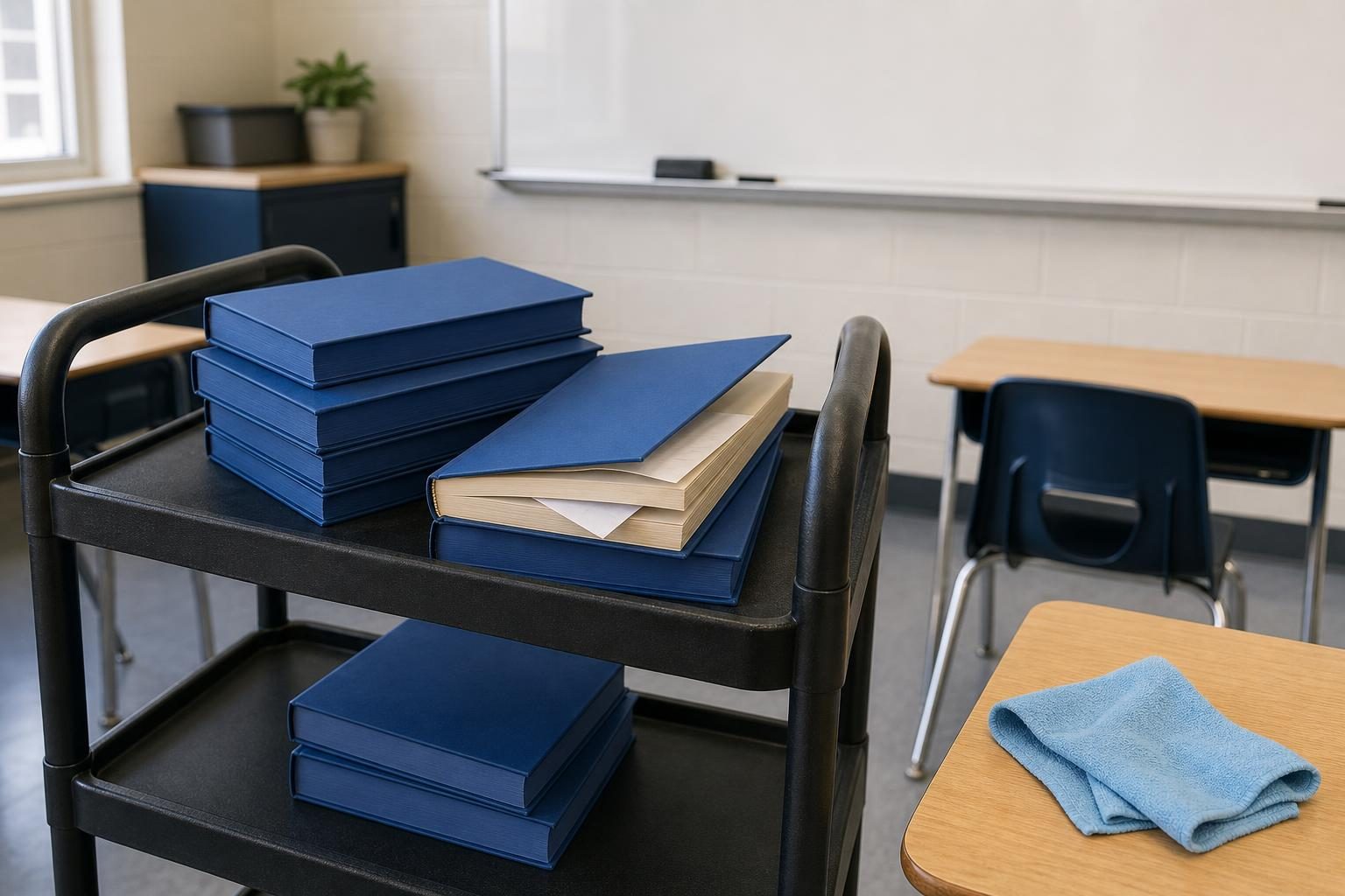 A cart of plain blue books sits beside a desk with a cloth, and one book has a folded sheet partly inside it.