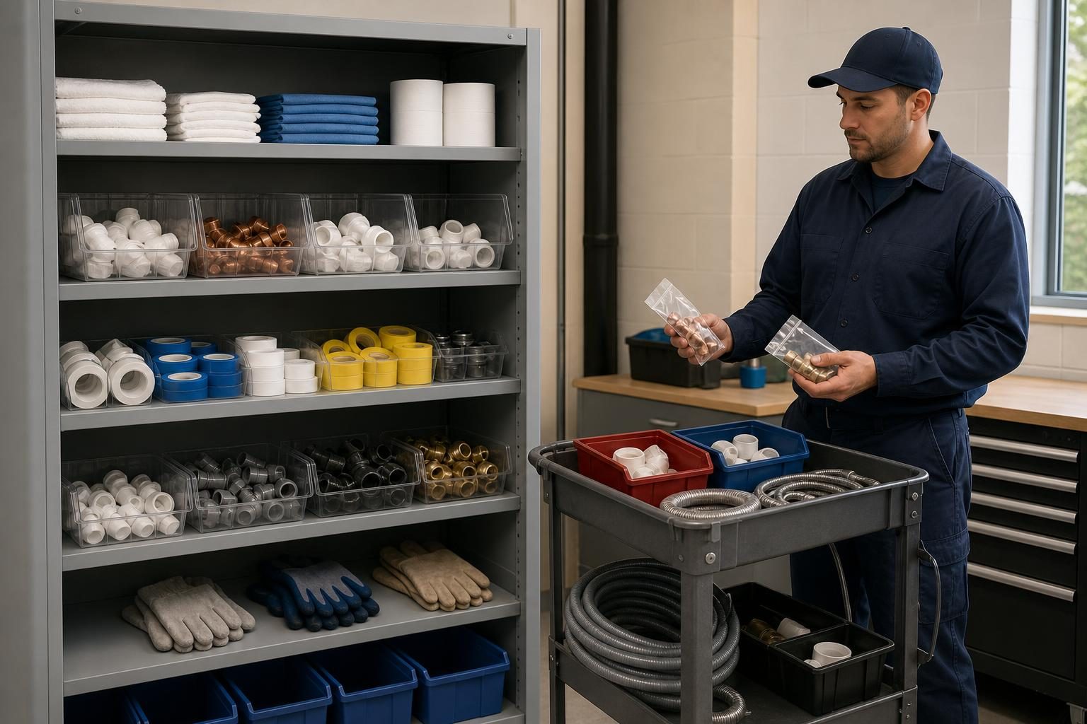 A supply cabinet with organized bins and supplies stands beside a maintenance cart.