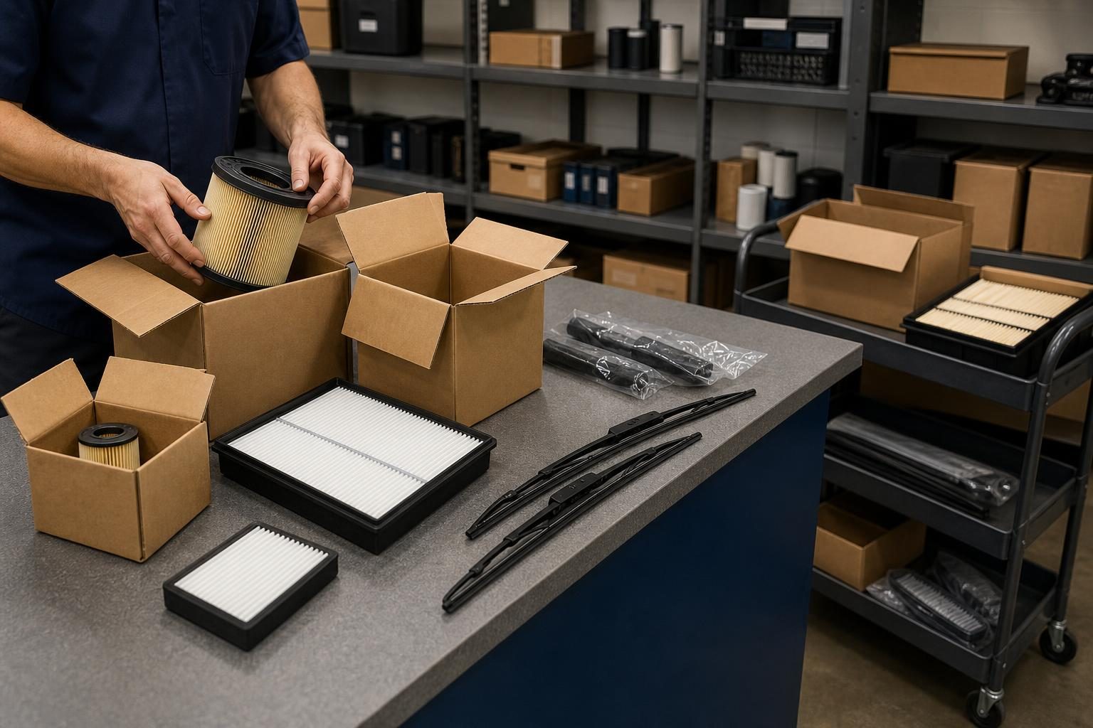 An organized parts counter shows boxes, car parts, and a cart beside shelves.