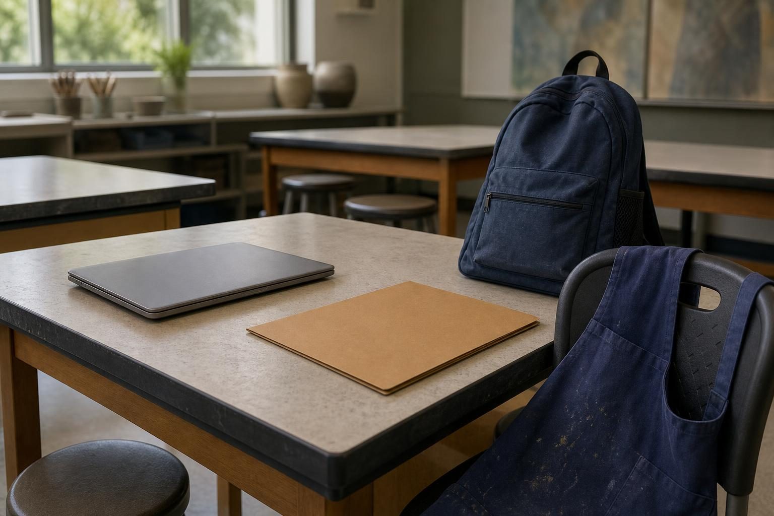 Una mesa de salón de clases muestra materiales escolares junto a un delantal de trabajo, lo que sugiere que Aisha está equilibrando un proyecto y un turno.