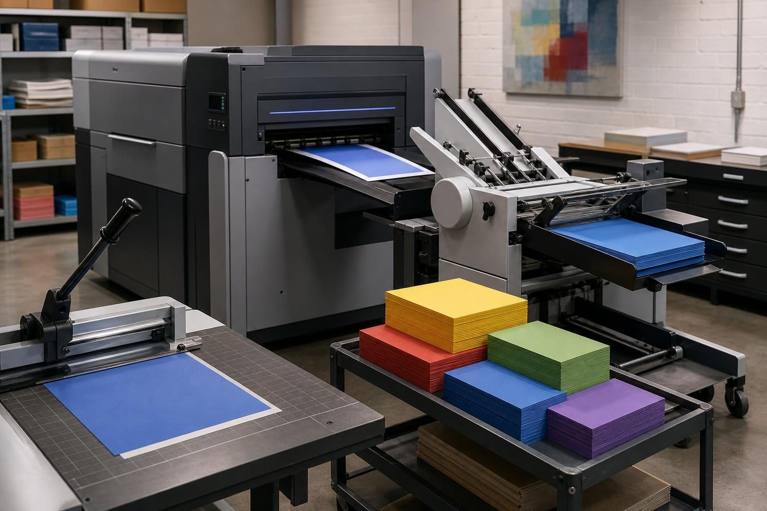A production printer runs beside stacked cardstock and a nearby paper cutter table.