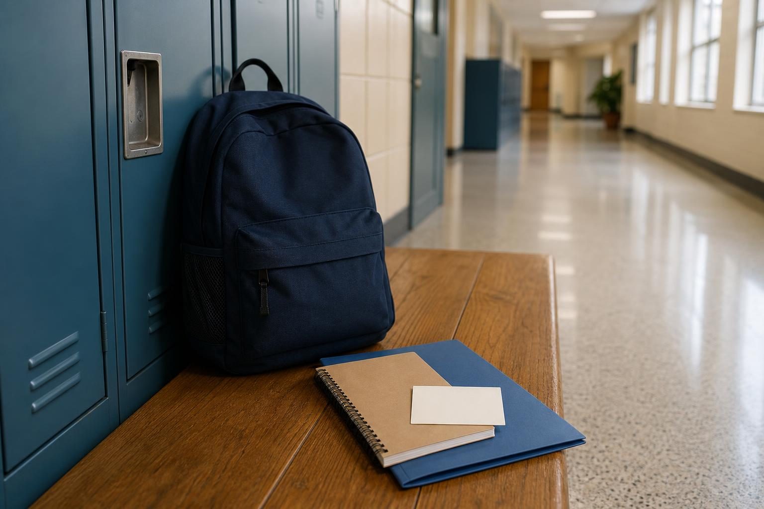 Una mochila, un cuaderno, una carpeta y una tarjeta sencilla están cerca de un casillero cerrado en un pasillo escolar tranquilo.