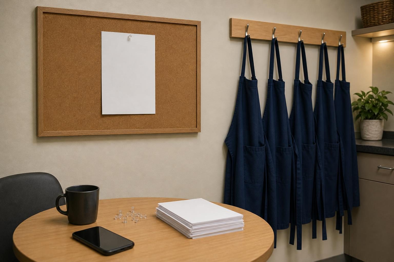 Un tablero de corcho de una sala de descanso con una hoja en blanco fijada está sobre ganchos para delantales, con un teléfono y chinchetas en una mesa cercana.