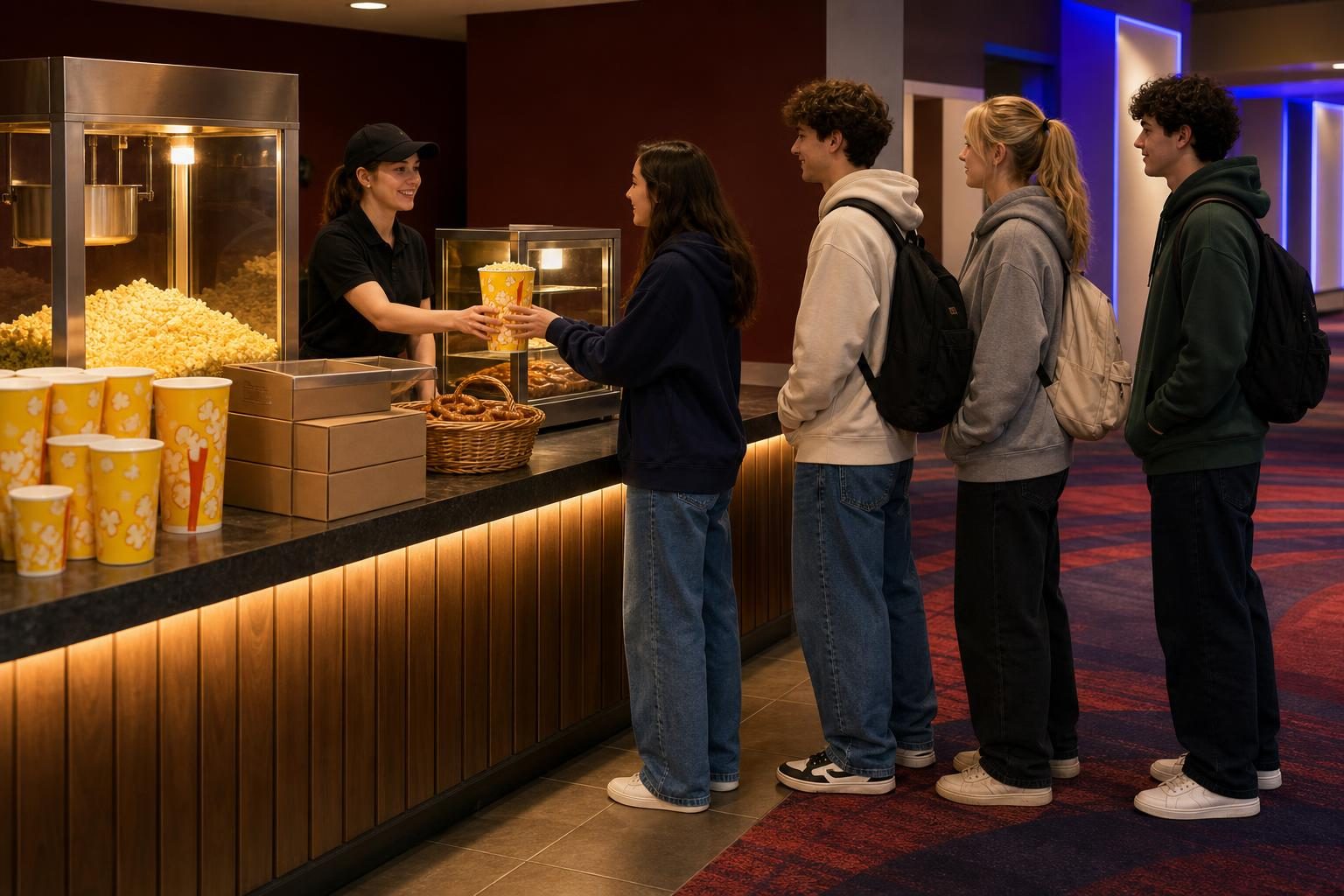 A calm concession stand scene shows food containers, supply boxes, and a short line near the counter.