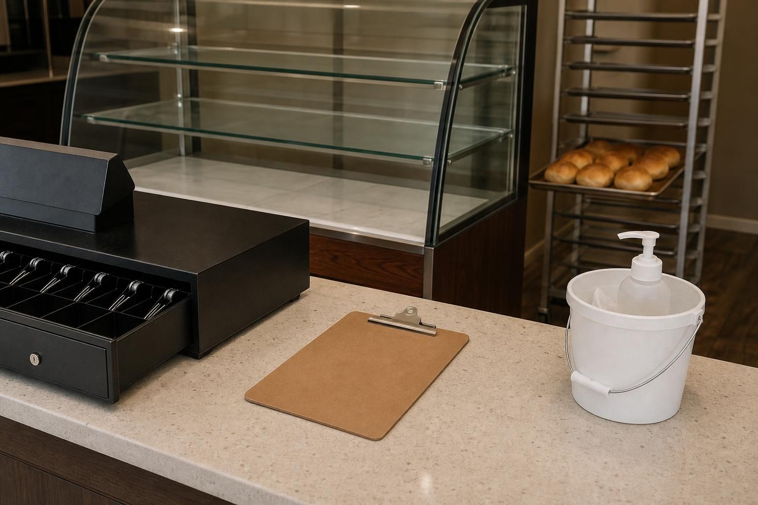 A bakery counter is set up for closing with rolls on a speed rack, a sanitizer bucket, and an empty pastry case.