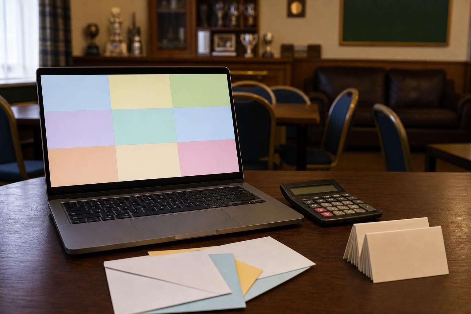 A laptop, calculator, envelopes, and folded table cards sit on a club table for a budget task.