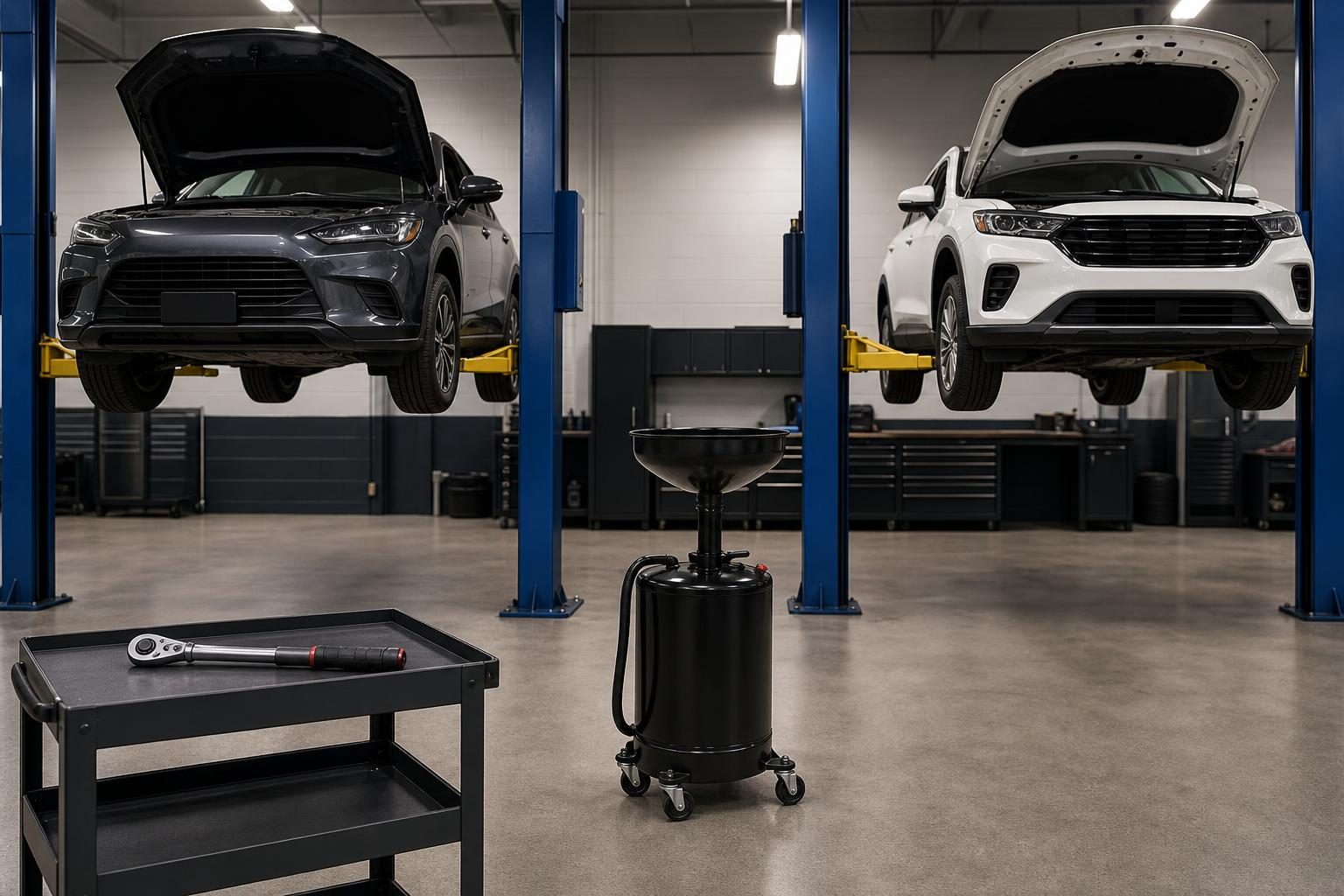 Two cars sit on lifts in a service bay with a torque wrench on a rolling cart nearby.