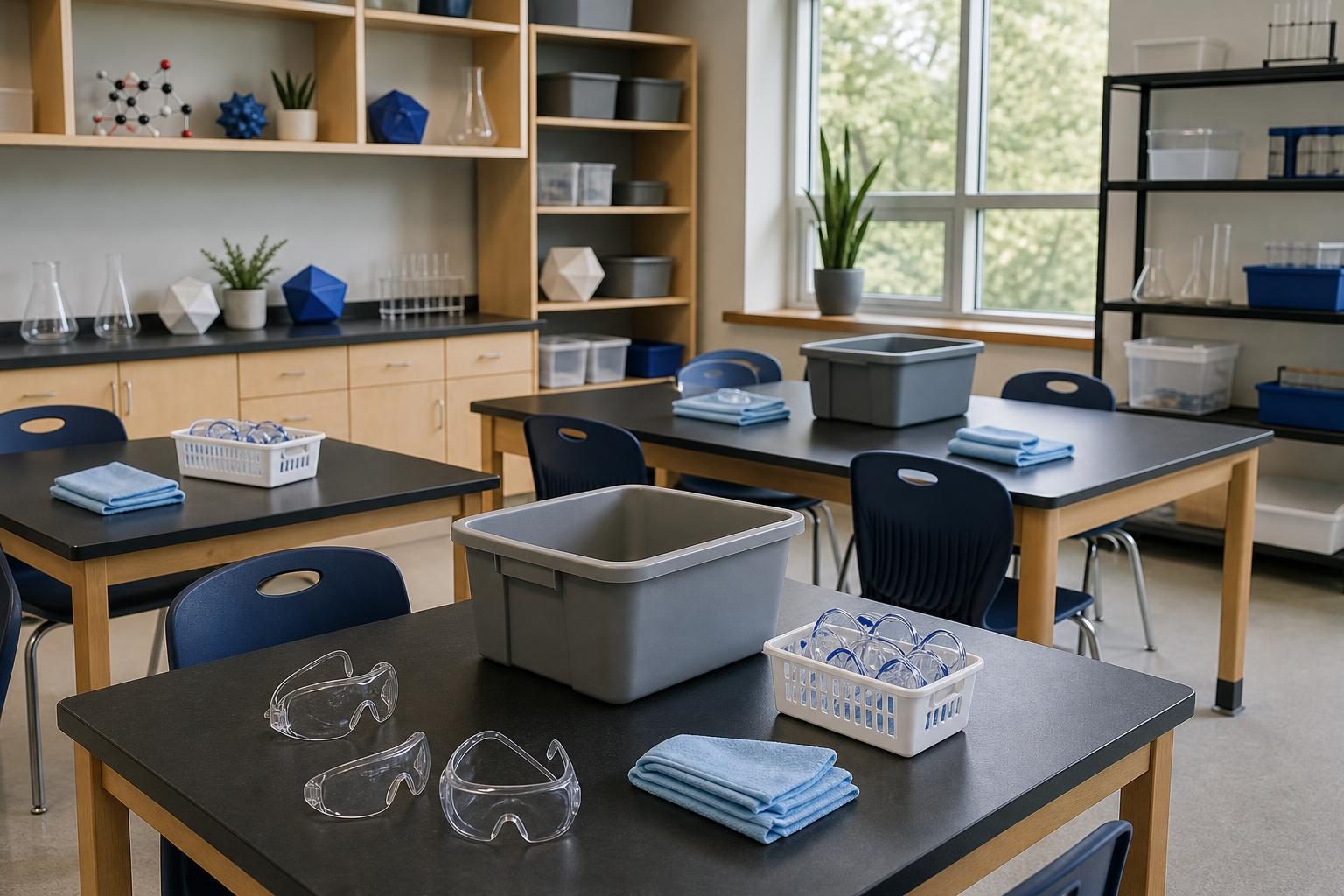 A classroom has chairs, tables, supply bins, goggles, and cloths ready for a science club setup.