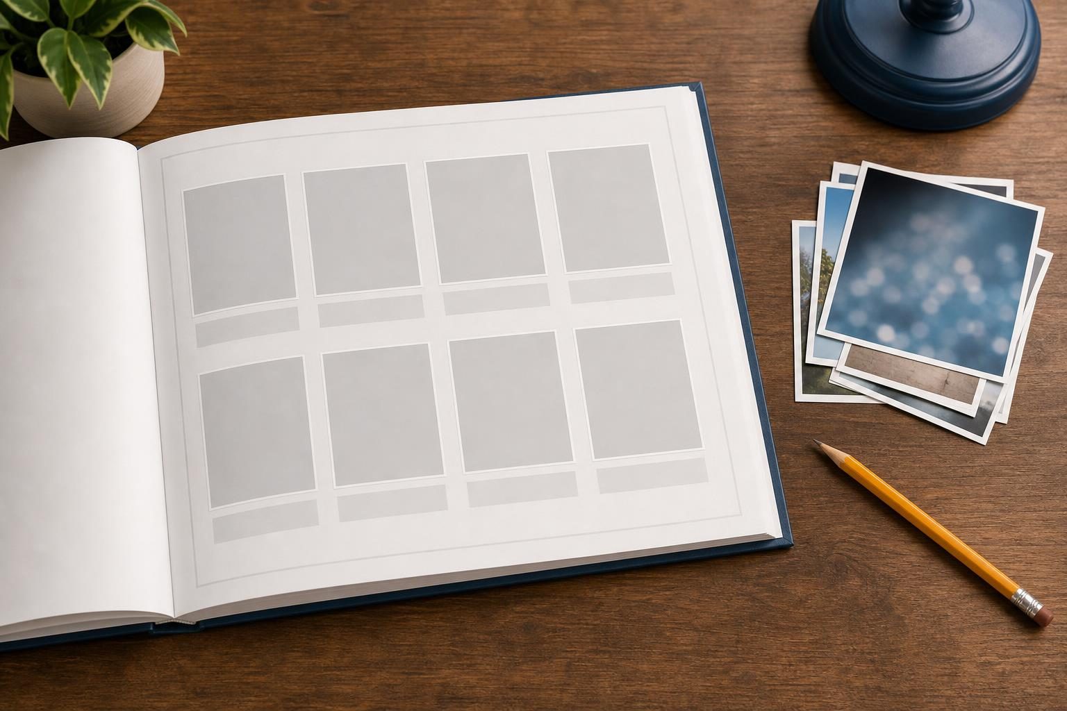 A yearbook layout workspace shows a blank page mockup, photos, and a pencil on a desk.