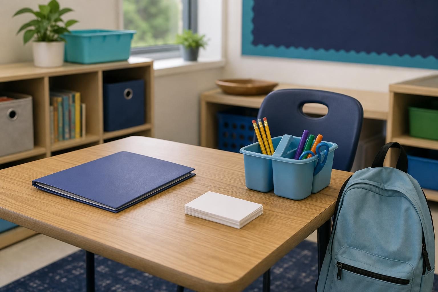 A tidy classroom table has a folder, blank cards, a supply bin, and a backpack nearby.