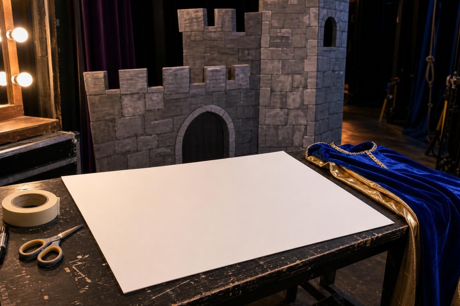 A blank poster board and supplies sit on a backstage table with a cardboard castle prop behind them.