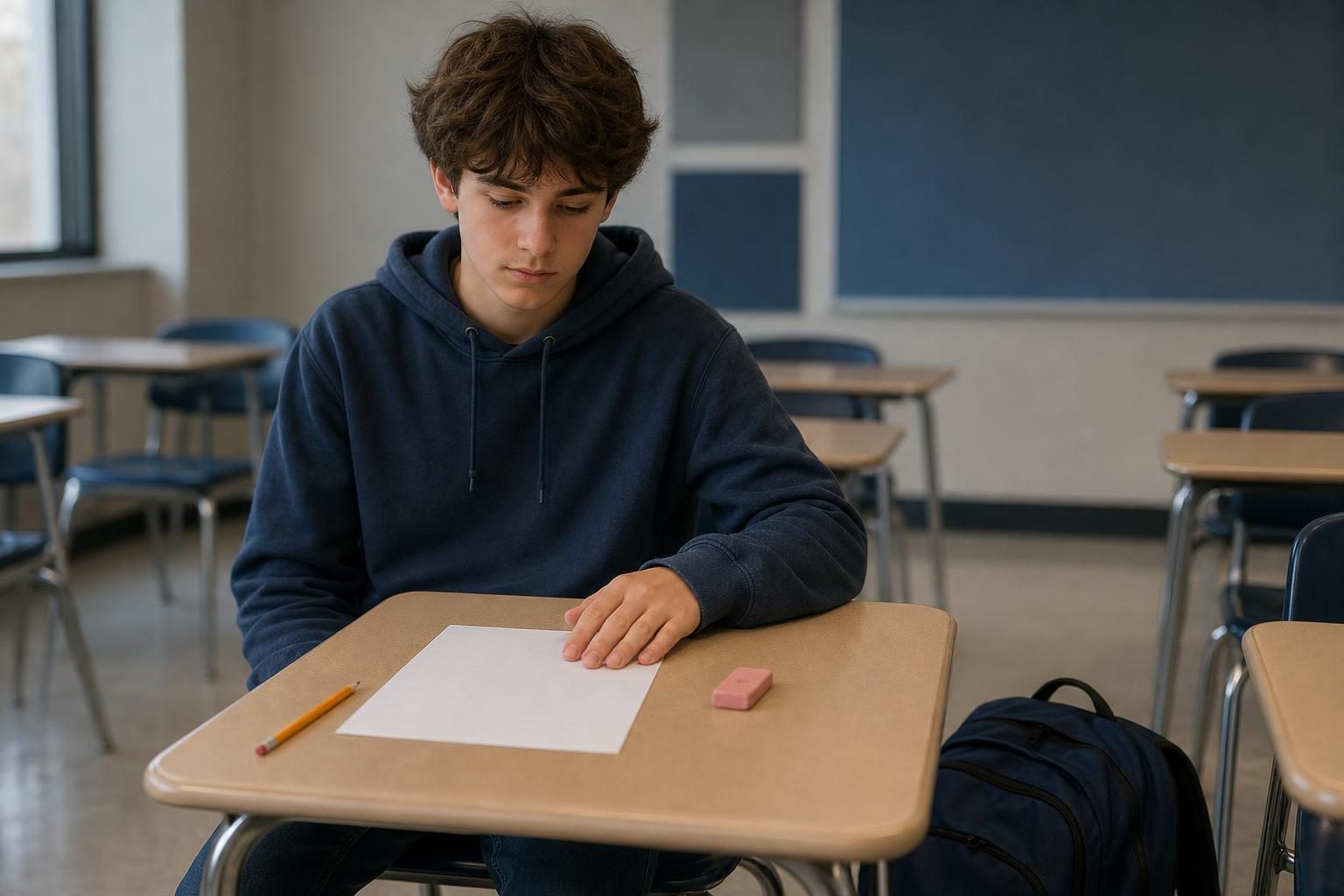 A student sits at a classroom desk with a pencil, eraser, plain paper, and backpack nearby.