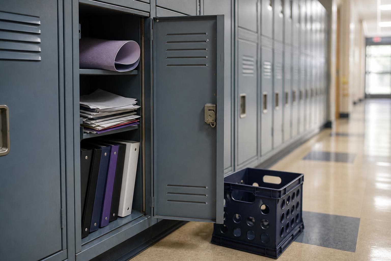 An open locker with papers, binders, a curled shelf liner, and a plain crate sits in a quiet hallway.