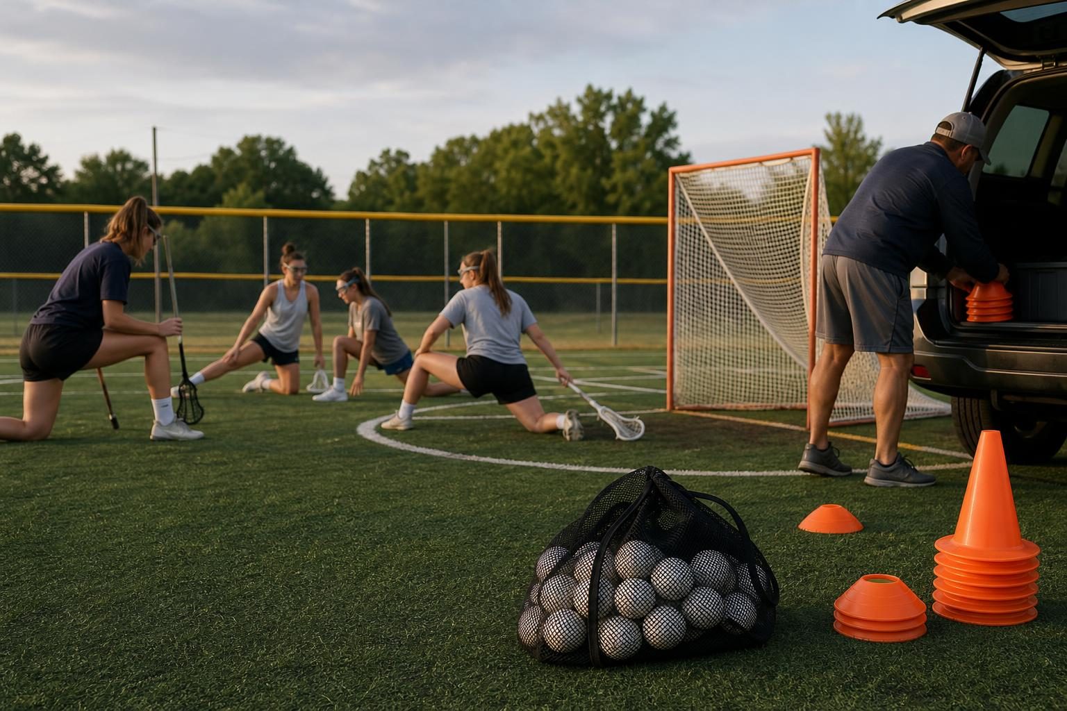 A turf field has cones, a mesh ball bag, stretching players, and an adult setting up practice near a goal crease.