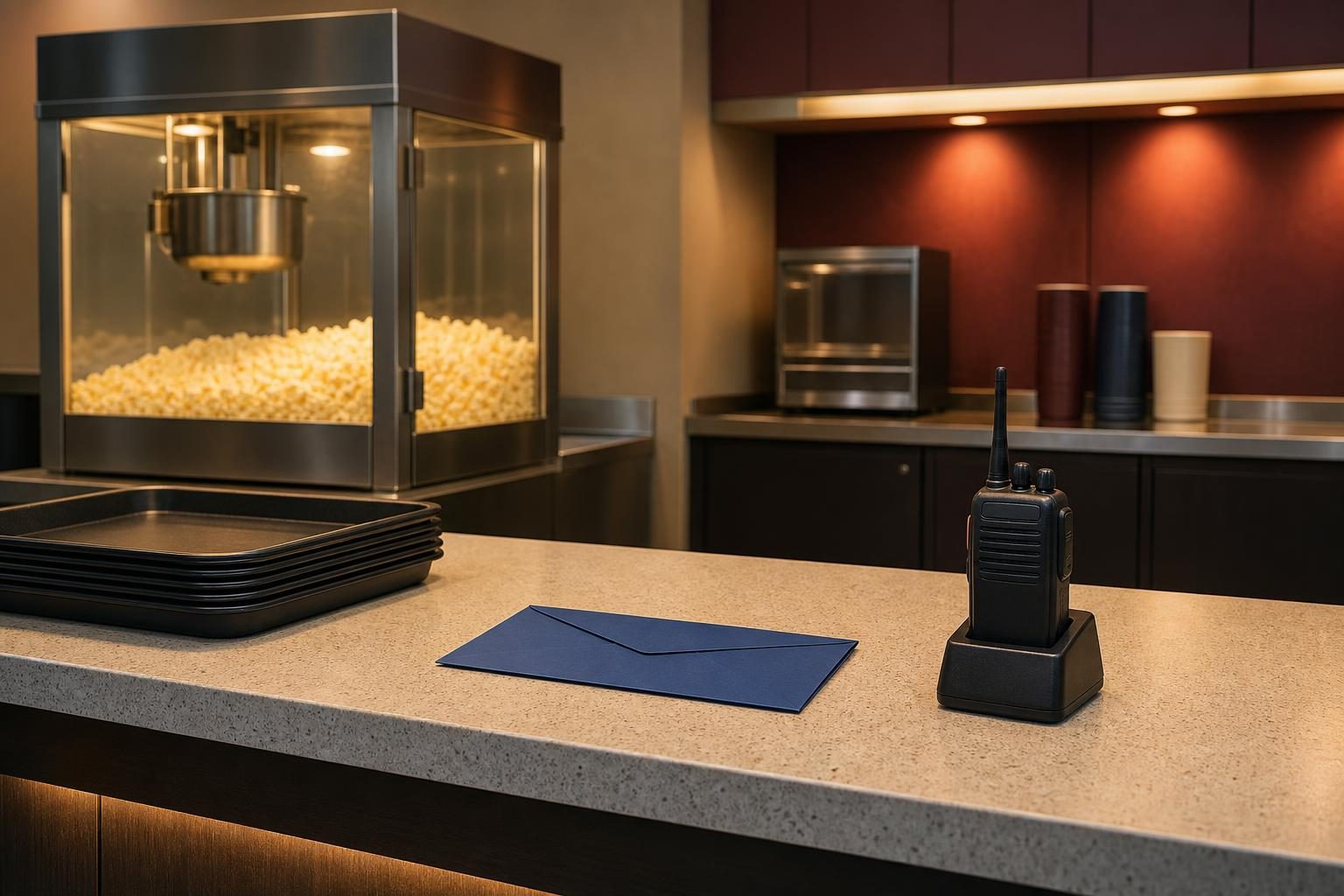 A clean movie theater concession counter shows a popcorn machine, stacked trays, a blue envelope, and a docked radio.