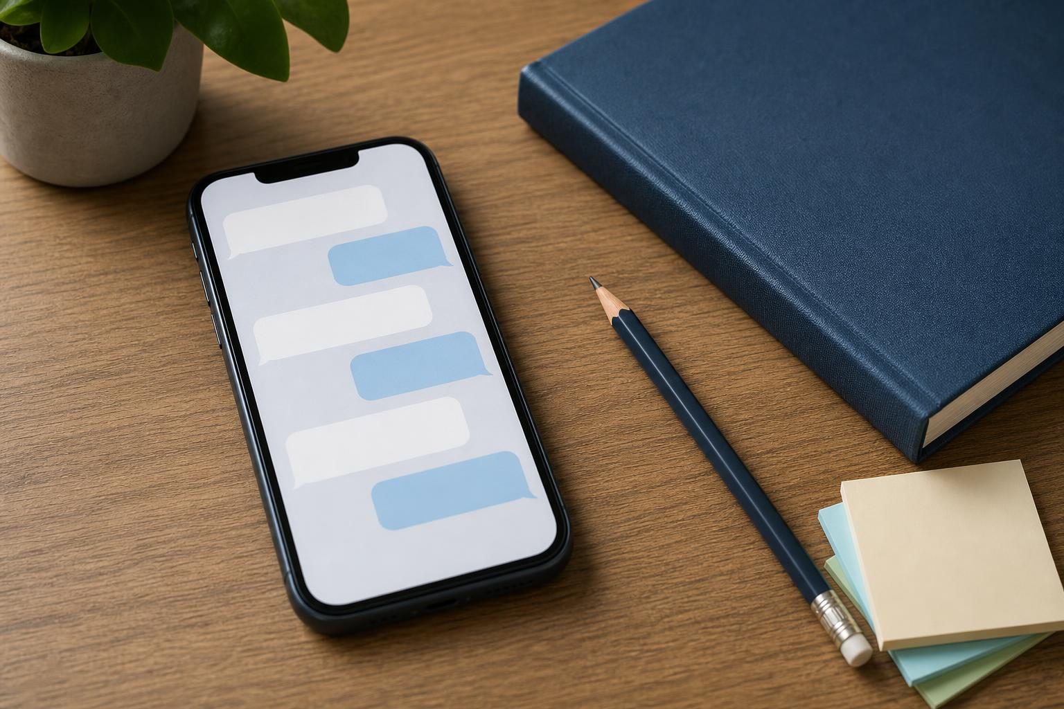 A phone with blank chat bubbles sits next to school supplies on a desk.