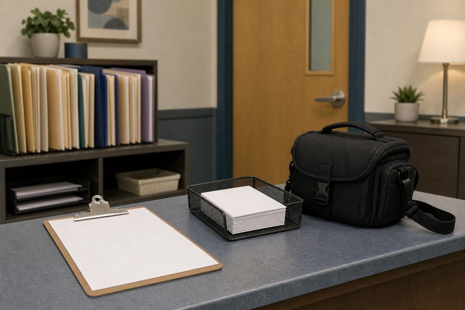 A clipboard, paper slips, folders, and a camera bag sit on a school office counter.