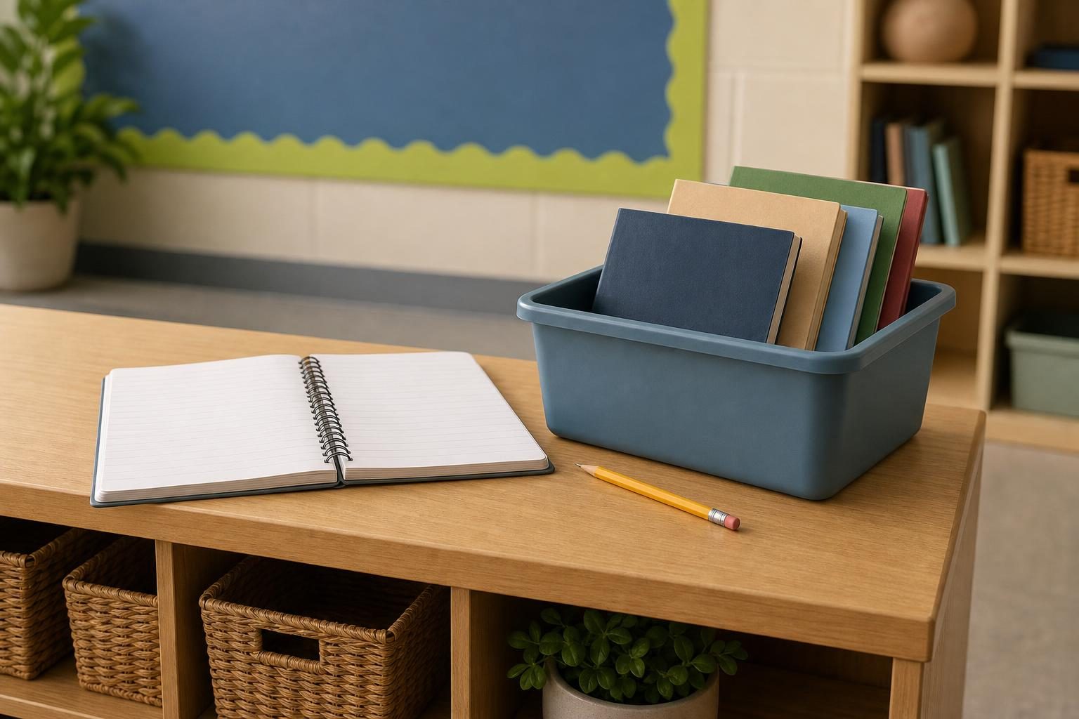 A reading log sits beside a return bin with books and a pencil on a classroom shelf.