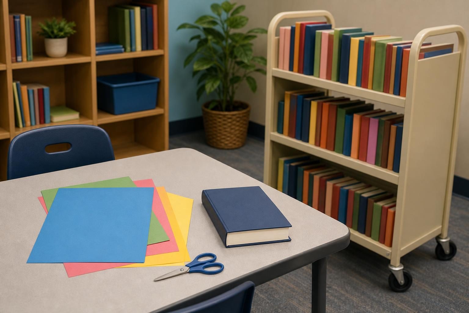 A table with project supplies sits next to a library cart.