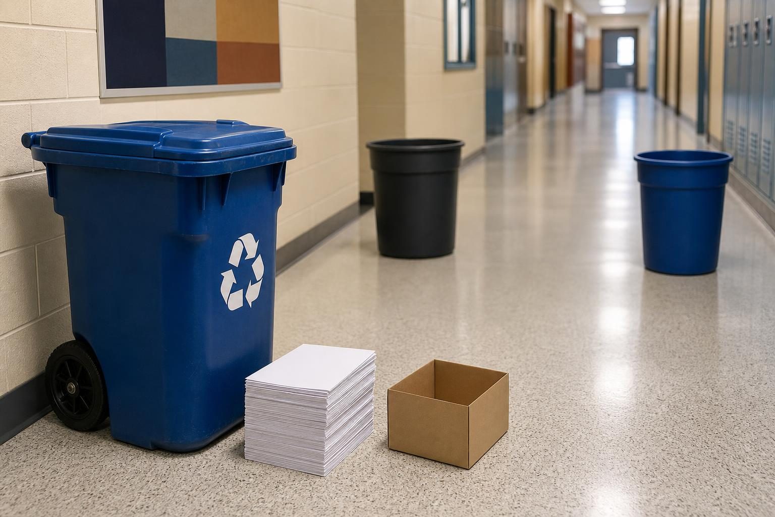 A recycling cart waits in a school hallway near clean paper, a blank cardboard box, and two plain bins.
