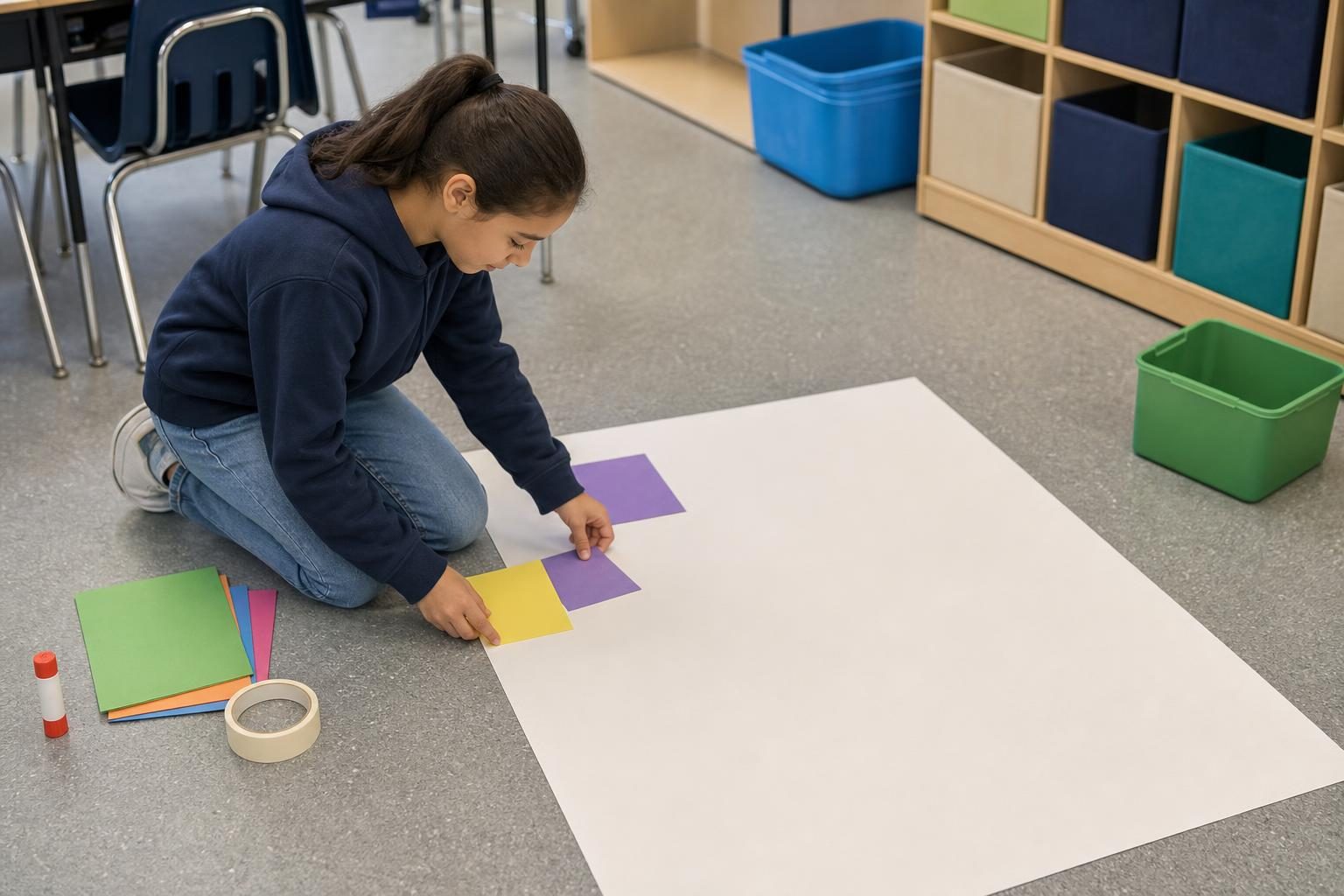 A student kneels by a blank floor poster with cards, tape, and a glue stick nearby.