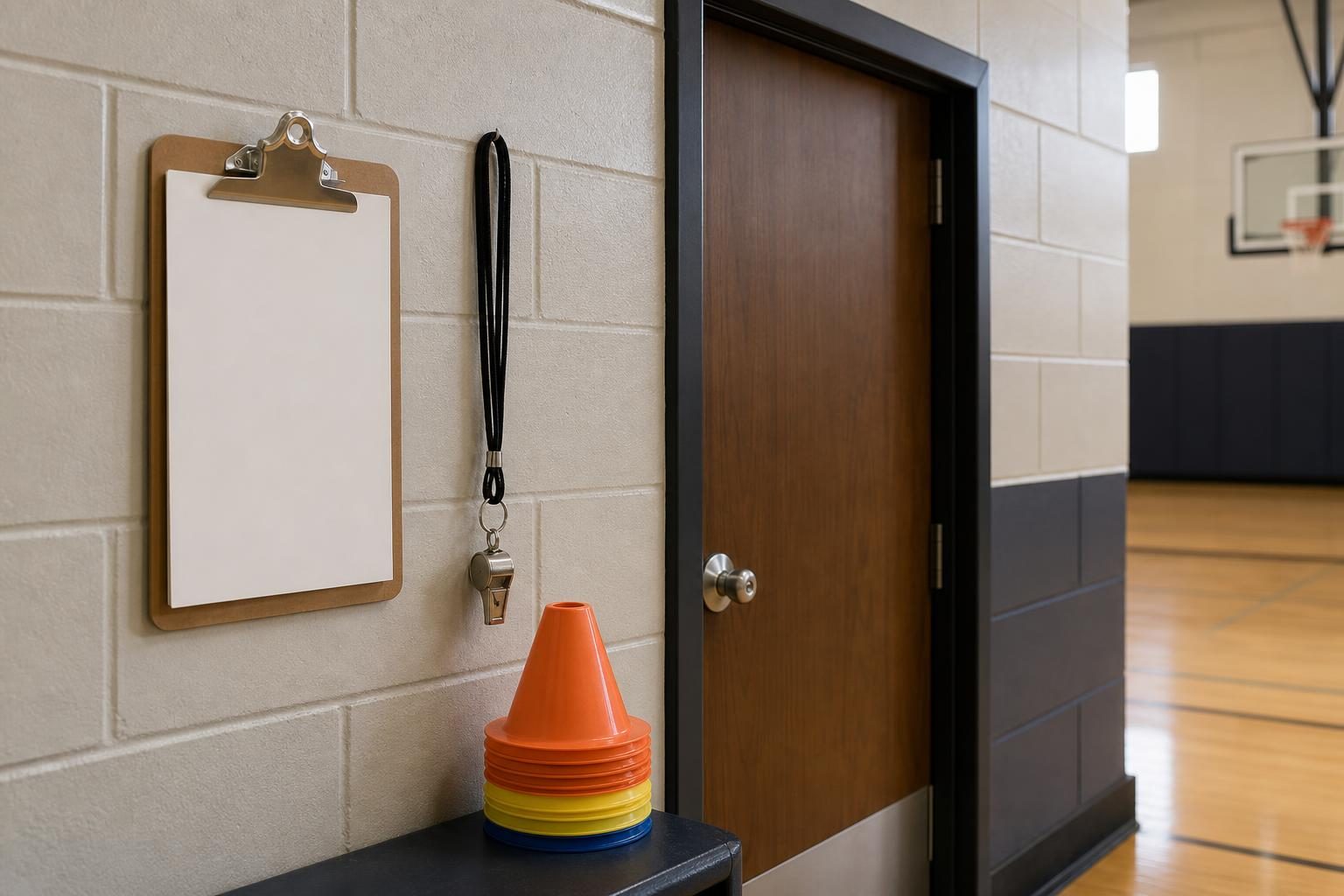 A blank clipboard hangs in a gym hallway near a whistle and a stack of practice cones.