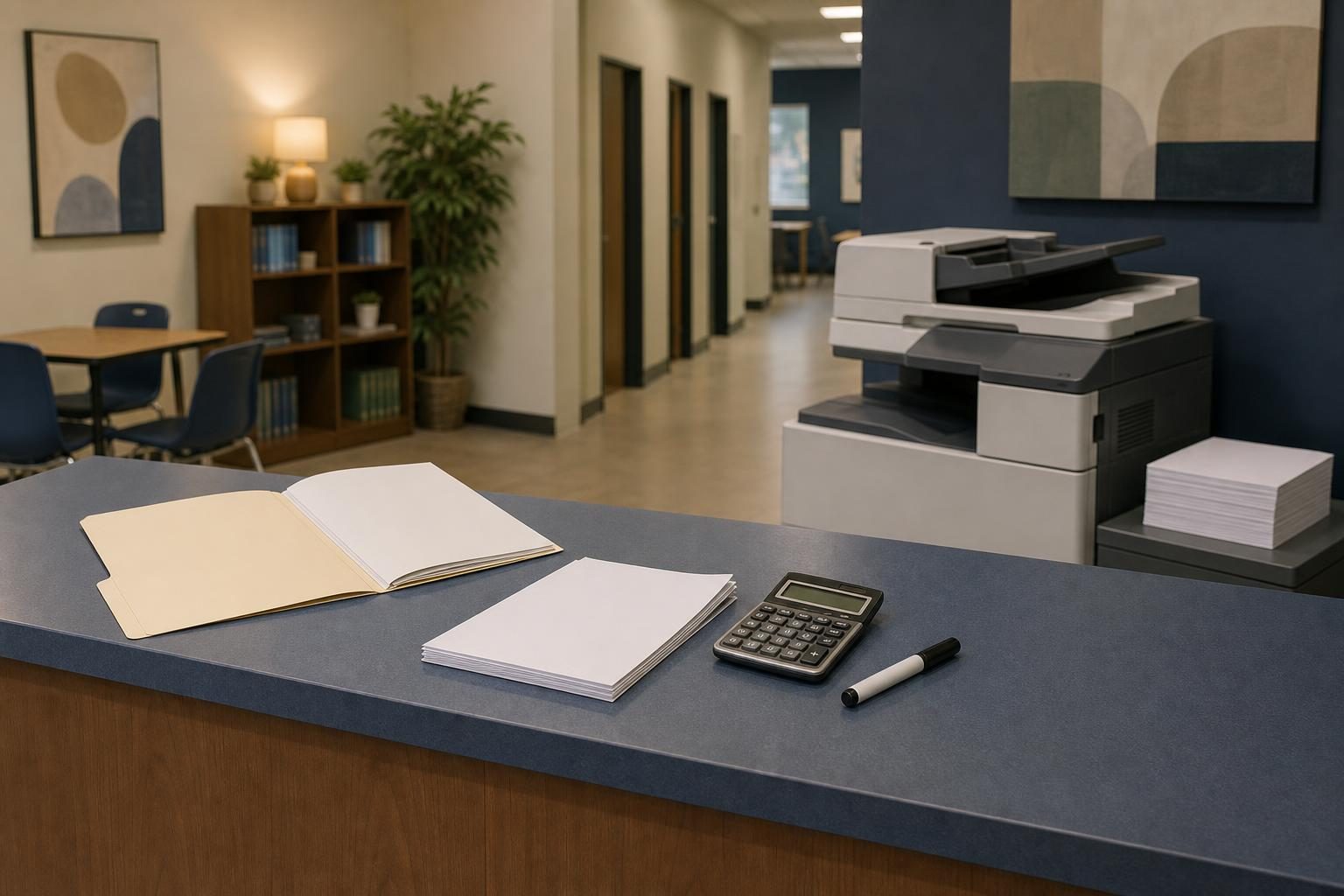 An open folder, blank papers, a calculator, and a marker sit near a copier at a tutoring center checkout counter.