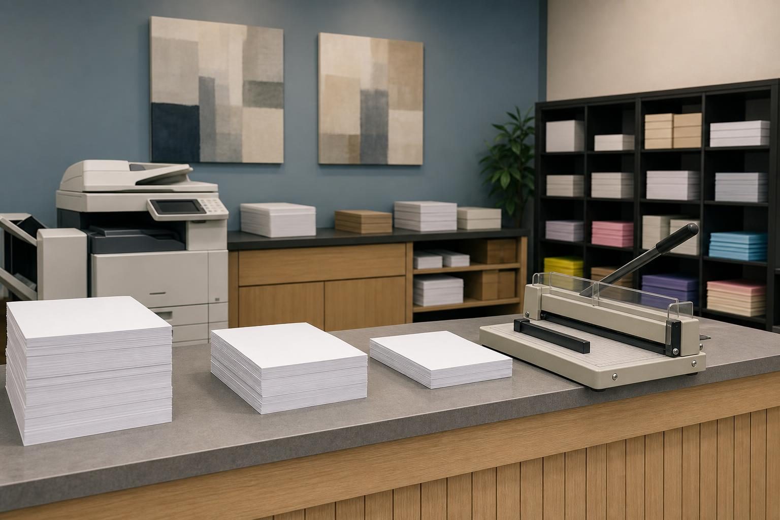 Un espacio de trabajo de imprenta muestra una copiadora, pilas de papel y una cortadora de papel lista para usar.