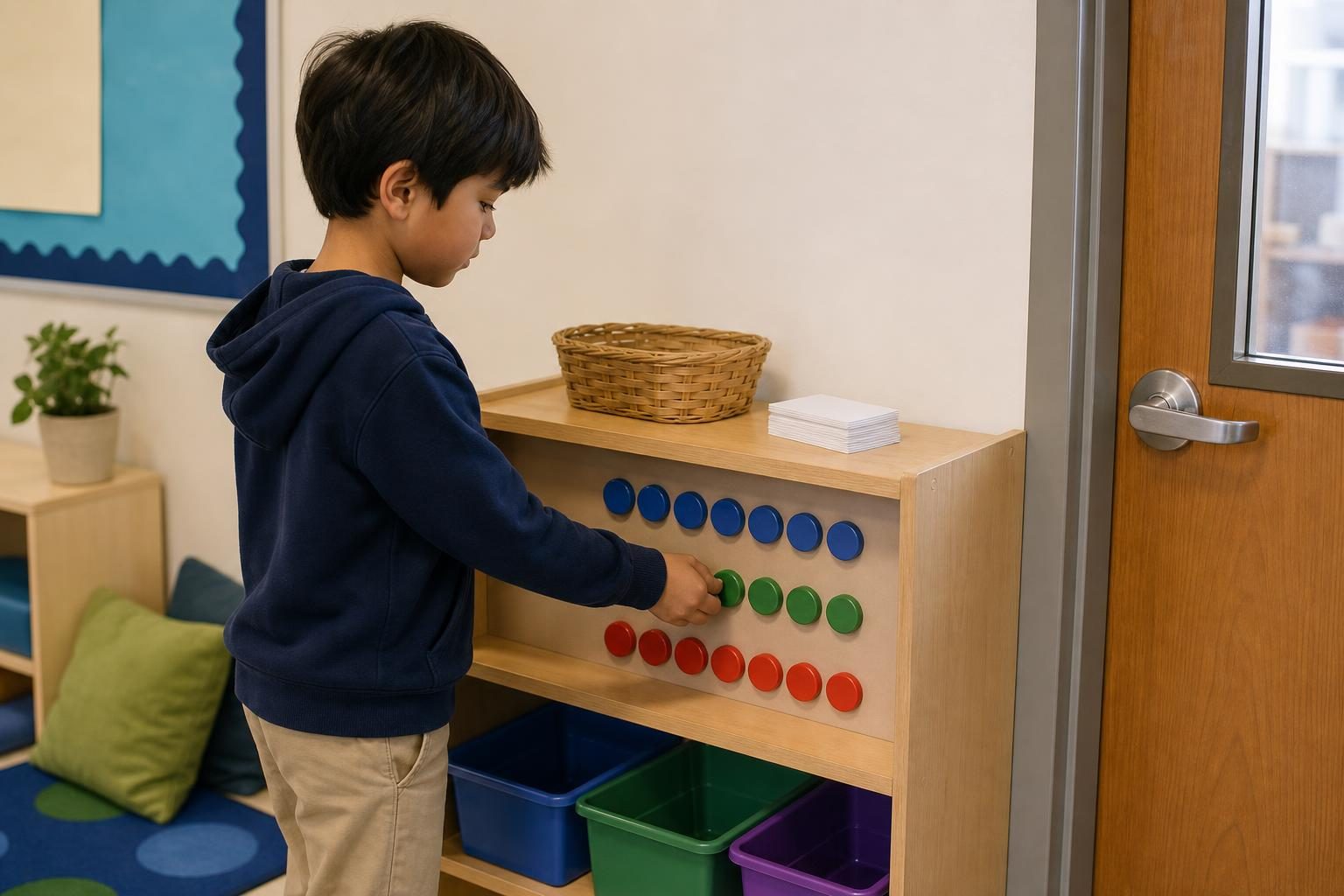 A student stands by a classroom lunch count area with colored magnets, blank slips, and a basket.