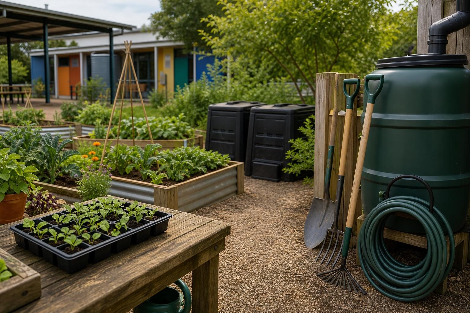 A quiet school garden work area shows tools, a coiled hose, a rain barrel, and a seedling tray on a bench.