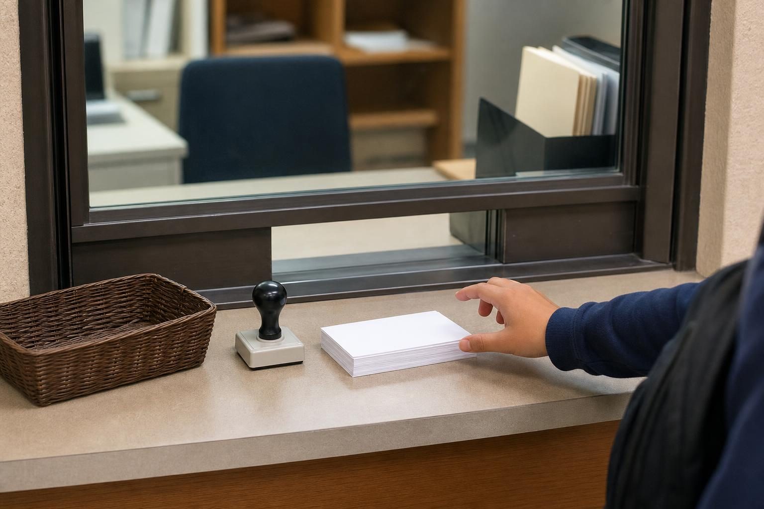 A basket, rubber stamp, and stack of blank slips sit on a school office counter.